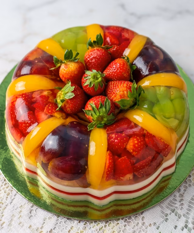 Corona de gelatina transparente con fresas, uvas moradas, durazno y uva verde