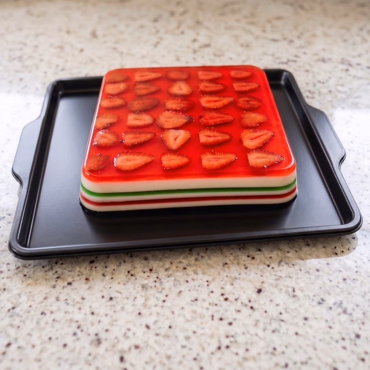 Gelatina rectangular de capas rojas, blancas y verdes con láminas de fresa encima